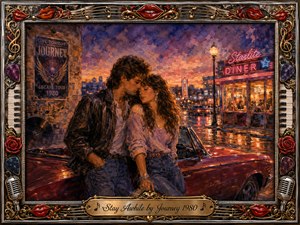 A young couple embraces beside a red convertible outside a glowing neon diner on a rain-slicked city street. Warm amber, crimson, violet, and midnight-blue tones create a tender, nostalgic mood. Rich oil-painted textures, reflected lights, vintage signage, roses, musical ornaments, microphones, and an ornate gold-trimmed frame complete the romantic scene.