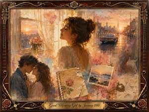A romantic mixed-media memory collage centers on a young woman glowing in warm morning sunlight beside a window, surrounded by tender lovers, roses, handwritten notes, a coastal photograph, and a dawn city street. Soft peach, gold, cream, and blue tones blend through painterly textures, framed by ornate rosewood, gold filigree, vinyl records, and guitar details.