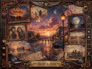 A nostalgic small-town street glows beneath a fiery violet-orange sunset as motorcycles ride toward the horizon, surrounded by faded framed memories of friendship, moonlit roads, and youthful adventures. Rich oil-paint textures, warm lamplight, weathered rosewood, vinyl records, guitar details, roses, and ornate gold accents create a bittersweet, dreamlike atmosphere.