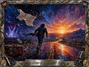 A lone traveler runs along a glowing highway toward a radiant mountain sunrise, symbolizing freedom and escape. Deep blues and violets blend into fiery gold and orange skies, while swirling music notes, a distant concert, and windblown maps add motion. Rich oil-painted textures and an ornate metallic musical frame create an epic, nostalgic mood.