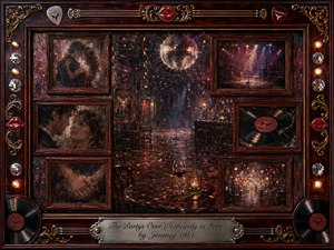 A nostalgic rosewood-framed collage captures the bittersweet aftermath of a vanished celebration, with fading lovers, an empty stage, vinyl records, scattered confetti, and a solitary wine glass. Deep burgundy, gold, amber, and shadowy blues glow beneath warm theatrical lighting, blending painterly realism with romantic memory, heartbreak, and lingering devotion.