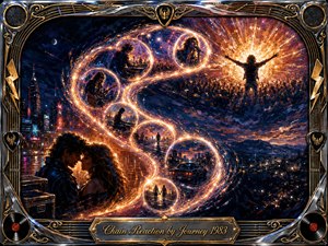 A dramatic gouache-style rock fantasy unfolds across a midnight cityscape, where glowing feathered bubbles sweep in an S-curve from an intimate couple toward an explosive concert climax. Deep blues and violets contrast with fiery gold light, while chrome-and-gold musical framing, vinyl accents, and radiant stage energy create a nostalgic 1980s atmosphere.