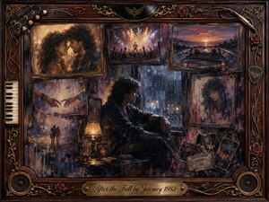 A solitary man sits by a rain-streaked window, surrounded by framed memories of romance, concerts, and sunset drives. Warm amber lamps contrast with deep blues, burgundy, and smoky charcoal tones, creating wistful melancholy. Painterly oil, acrylic, and watercolor textures blend through the nostalgic collage, enclosed by ornate rosewood and musical details.