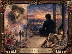 A solitary man gazes across a rain-soaked city at dusk while faded memories of a loving couple dissolve around him. Roses, handwritten letters, and an old photograph deepen the nostalgic mood. Dusky blues, mauves, amber light, and muted rose tones blend through painterly oil, acrylic, and watercolor textures within an ornate musical frame.