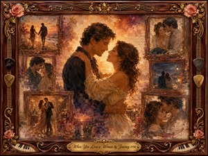 A romantic couple embraces beneath glowing sunset light, surrounded by vintage rosewood frames holding tender memories of walks, dances, and intimate moments. Warm amber, rose, burgundy, and gold tones create nostalgic warmth. Painterly oil and watercolor textures blend softly, while ornate musical details, roses, guitar picks, and a gilded title plate complete the sentimental composition.