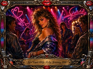 A glamorous woman commands a neon-lit 1980s rock nightclub, surrounded by musicians, admirers, and glowing stage lights. Rich reds, magentas, blues, and golds create a seductive, energetic mood. Painterly textures enhance her confident expression, while chrome, guitar strings, records, microphones, and vivid red lips ornament the elaborate frame.