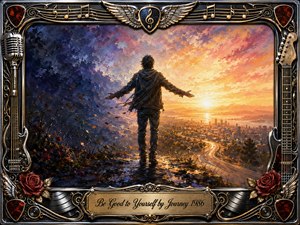 A solitary figure stands on a rocky overlook with arms open toward a glowing sunrise, distant city, and winding road. Cool blues and violets fade into radiant gold, coral, and rose, creating a hopeful, reflective mood. Rich oil-paint textures are surrounded by an ornate chrome-and-gold musical frame with guitars, roses, and engraved title plate.