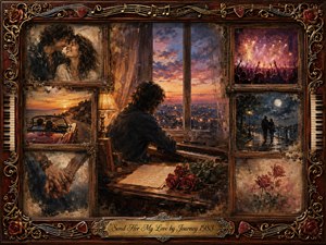 A wistful man sits at a piano beside roses and a handwritten letter, surrounded by framed memories of romance, travel, moonlit walks, and glowing concerts. Warm amber, burgundy, gold, and twilight blue tones create nostalgic intimacy, while textured painterly brushwork, soft fading edges, and ornate musical framing suggest enduring love and remembrance.