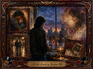 A solitary man stands before a rain-streaked city window at dusk, surrounded by framed memories of lost love. Deep blues, smoky purples, amber lights, and muted reds create a wistful glow. Layered oil, acrylic, and watercolor textures blend portraits, roses, vinyl records, and ornate musical details into a tender, nostalgic collage.