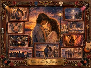 A nostalgic romantic rock collage centers on a young couple embracing at sunset beside the water, surrounded by framed memories of concerts, friends, cars, moonlit shores, and carnival lights. Warm amber, rose, and deep blue tones glow through painterly textures, enclosed by an ornate rosewood-and-gold frame with guitars, records, roses, and stage details.