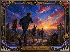 Young dreamers stride toward a glowing city beneath a dramatic sunset of blue, violet, coral, and gold, capturing youthful hope, freedom, and determination. Rich acrylic textures and radiant reflections energize the sweeping composition. An ornate chrome-and-gold musical frame features guitars, piano keys, a microphone, vinyl details, and an engraved title plate.