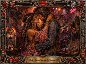 A passionate hippie couple embraces in a smoky 1970s rock club, surrounded by glowing stage lights, guitars, drums, a jukebox, and nostalgic Journey memorabilia. Rich reds, amber, violet, and gold create a warm, seductive mood. Textured mixed-media brushwork and an ornate musical frame with roses, lips, chrome, and filigree complete the romantic scene.