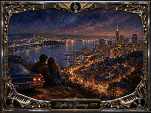 A romantic couple overlooks a glowing San Francisco nightscape, with the bay, bridge, and illuminated skyline shimmering beneath a dramatic blue-orange twilight sky. Rich oil-paint textures create warmth and nostalgia, while a chrome-and-gold musical frame of records, strings, keyboards, and microphones surrounds the scene, crowned by an elegant engraved title plate.