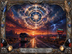 A lone tour bus travels a rain-slick desert highway beneath a vast luminous wheel swirling through storm clouds. Fiery orange sunset, deep indigo skies, and electric blue lightning create a restless, mystical mood. Rich oil-paint textures, neon roadside signs, reflective pavement, and an ornate chrome-and-gold musical frame evoke timeless rock-and-roll wanderlust.