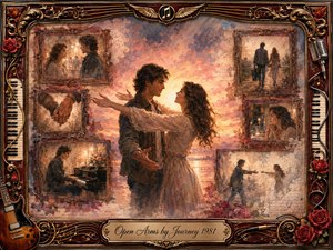 A romantic couple embraces with open arms against a glowing sunset, surrounded by softly faded memories in ornate rosewood frames. Warm amber, rose, cream, and bronze tones create a tender nostalgic mood. Painterly oil-and-watercolor textures, roses, piano keys, guitars, musical ornamentation, and golden light enrich the intimate composition.