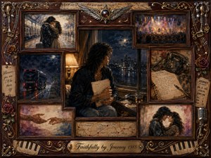 A nostalgic rock-era collage frames a solitary musician holding a letter beside a moonlit hotel window, surrounded by faded scenes of romance, touring, concerts, and reunion. Deep blues, warm amber, sepia, and muted rose create tender melancholy, while ornate rosewood, gold filigree, piano keys, roses, and musical details enrich the painterly composition.