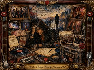 A brooding long-haired musician sits at a cluttered table surrounded by Journey memorabilia, handwritten lyrics, records, concert passes, photographs, microphones, and road cases. Rainy city lights glow behind him, deepening the lonely mood. Rich browns, golds, reds, and blues blend through painterly textures inside an ornate rock-inspired frame.