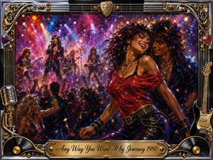 A jubilant 1980s rock concert erupts around a dancing couple in the foreground, framed by musicians, raised hands, confetti, and glowing stage haze. Rich reds, purples, blues, chrome, and gold blaze under dramatic spotlights. Expressive oil-paint textures, musical ornaments, vinyl records, guitars, and an engraved title plate heighten the celebratory energy.