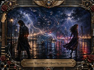A stormy city waterfront frames two lovers walking in opposite directions, divided by glowing trails of fading memories. Deep blues, black, silver, and warm amber reflections create a dramatic, bittersweet mood. Lightning, rain-slick pavement, floating photographs, roses, guitars, and ornate metallic details evoke separation, longing, and enduring emotional connection.