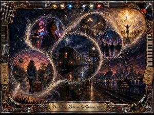 A richly textured oil-and-watercolor dreamscape follows a glowing S-curve of feathered memory bubbles through small-town dusk, neon city streets, a midnight train, and a radiant skyline. Deep blues, amber gold, crimson, and silver create a hopeful nostalgic mood, framed by ornate chrome, musical details, concert imagery, and an engraved title plate.