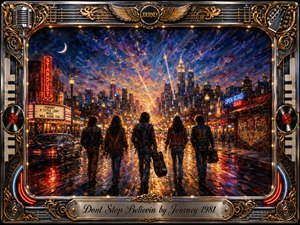 Five leather-clad musicians stride toward a glowing nighttime city, carrying guitars through rain-slick streets alive with neon reflections and golden starlight. Rich blues, amber, red, and chrome create an uplifting, cinematic mood. Expressive oil-painted textures, dramatic lighting, and an ornate music-themed frame evoke perseverance, possibility, and timeless rock-and-roll hope.