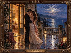 A couple embraces on a rain-slicked Mediterranean terrace overlooking a moonlit sea, surrounded by roses, lanterns, and warm interior light. Deep blues contrast with glowing golds, creating a tender, nostalgic mood. Rich painterly textures, reflective stone, ornate framing, and distant coastal lights give the romantic scene cinematic depth and handcrafted elegance.