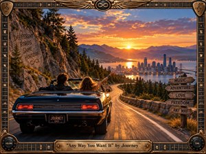 A dark convertible carries two carefree travelers down a winding mountain road toward a glowing waterfront city at sunset. Warm gold, orange, and deep blue tones create an adventurous, nostalgic mood. Guitar-inspired bronze framing, directional signs, carved rock lettering, amplifier knobs, and dramatic cinematic lighting reinforce the energetic classic-rock spirit.