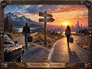 A man and woman walk down diverging mountain roads at sunset, each carrying luggage as they move toward separate futures. Golden light floods the asphalt and distant city, contrasting with cool blue peaks and lake. A polished cinematic realism, dramatic sky, vintage car, wooden signpost, and ornate guitar-inspired frame heighten the bittersweet, determined mood.