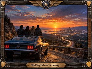 Four young travelers pause beside a vintage black muscle car on a mountain overlook, facing a glowing city and winding highway at sunset. Fiery orange and deep blue skies create a hopeful, cinematic mood. Ultra-realistic detail, reflective metal, rugged stone textures, and an ornate guitar-inspired frame evoke journey, resilience, and possibility.