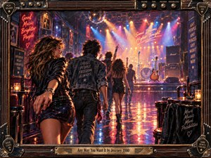 A vibrant 1980s rock club glows with crimson, cobalt, amber, and violet light as stylish figures move toward a brightly lit stage. Glossy floors mirror spotlights, guitars, amplifiers, and chrome hardware. Painterly textures, smoky haze, neon accents, and an ornate guitar-inspired frame create an energetic, celebratory atmosphere of freedom and possibility.