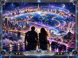 A young couple overlooks a glowing futuristic world of illuminated cities, sweeping bridges, and iconic skylines beneath a star-filled sky. Neon blue and violet light trails circle the globe, creating a romantic, energetic sense of global connection. Metallic framing, speakers, and polished details reinforce the sleek digital atmosphere.