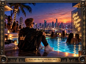 A neon-lit rooftop pool overlooks a glowing city skyline at sunset, where silhouetted partygoers gather around shimmering turquoise water. A stylish seated figure anchors the foreground amid warm lantern light, palm trees, reflections, and rich blue-orange tones. The cinematic photographic scene feels youthful, glamorous, energetic, and celebratory within an ornate music-inspired frame.