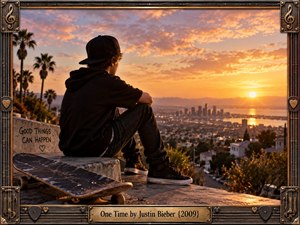 A teenage boy in a dark hoodie and backward cap sits beside a skateboard on a rooftop ledge, overlooking a glowing sunset cityscape. Warm orange light, pastel clouds, palm trees, distant buildings, and reflective water create a nostalgic, hopeful mood. An ornate musical frame and engraved title plate complete the cinematic photographic artwork.