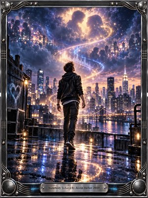 A lone young man crosses a rain-slick rooftop above a glowing city skyline as swirling blue and golden light rises toward dreamlike silhouettes of embracing couples in the clouds. The mood is hopeful, yearning, and romantic, with cinematic digital detail, luminous reflections, dramatic night skies, and ornate metallic framing.