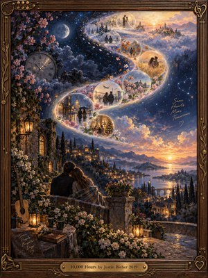A romantic oil painting shows a couple overlooking a glowing lakeside city beneath a sweeping spiral of memories and passing seasons. Deep blues, violet skies, warm amber lanterns, flowers, stars, and sunrise light create a dreamy atmosphere. An ornate musical frame, vintage clock, guitar, and luminous memory spheres symbolize enduring devotion.