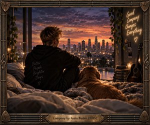 A young man and golden retriever sit quietly on a rumpled bed overlooking a glowing city at sunset. Warm amber lights contrast with deep blue and violet clouds, creating an intimate, reflective mood. Cinematic photographic styling, musical decor, plants, a guitar, and ornate framing enrich the cozy composition.