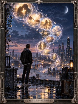 A solitary man stands on a rain-slick rooftop above a glowing night city, watching luminous memory bubbles spiral through the sky. Warm golden scenes of love and longing contrast with deep blue clouds and moonlight. The cinematic digital artwork feels wistful, romantic, dreamlike, and haunted by absence.