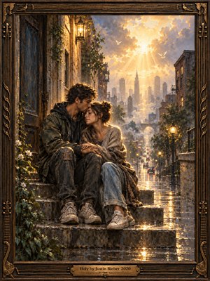 A young couple rests closely on rain-darkened city steps as golden sunlight breaks dramatically through storm clouds above distant buildings. Warm lamps, wet pavement reflections, flowers, and glowing birds create a tender, hopeful atmosphere. Detailed painterly brushwork, bronze tones, soft blues, and an ornate musical frame emphasize intimacy, devotion, and spiritual renewal.