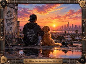 A young man and golden dog sit on a rooftop overlooking a glowing city sunset, surrounded by graffiti, a skateboard, headphones, and reflective puddles. Warm orange and pink skies contrast with dark urban textures, creating a calm, carefree mood. An ornate guitar-inspired frame adds musical character.