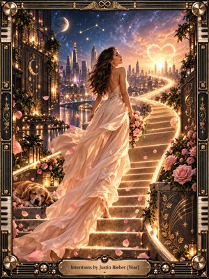 A graceful woman in a flowing ivory gown ascends glowing stone steps above a radiant city at twilight. Pink roses, drifting petals, lanterns, and a resting golden retriever soften the romantic scene. Golden light contrasts with deep blue stars, while an ornate musical frame surrounds the polished digital fantasy composition.
