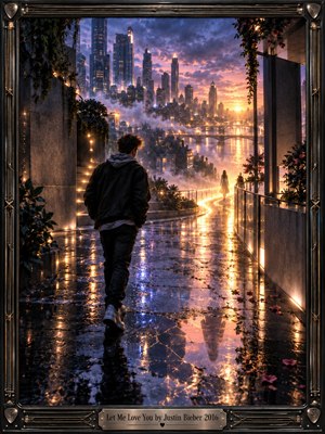 A solitary young man walks across a rain-soaked terrace toward a distant figure and glowing city skyline at sunset. Deep blues and violets contrast with warm gold reflections, mist, bridges, and illuminated towers. The cinematic digital artwork feels romantic, reflective, and hopeful, enclosed by an ornate dark metallic frame.
