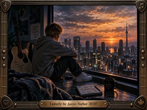 A solitary young man sits beside a rain-streaked high-rise window overlooking a glowing city at sunset. Warm orange light contrasts with deep blue shadows, creating a reflective, isolated mood. A guitar, journal, mug, plants, and handwritten notes enrich the cinematic digital painting, framed with dark wood and bronze musical details.