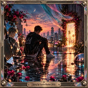 A solitary young man sits on a rain-slick rooftop at sunset, surrounded by shattered mirrors, pink flowers, glowing city lights, and a radiant doorway. Warm gold, coral, teal, and magenta reflections create a bittersweet, dreamlike mood. The detailed digital artwork blends cinematic realism, symbolism, and luminous atmosphere.