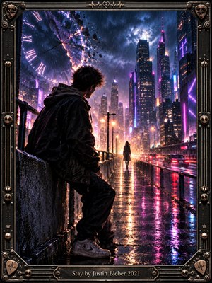 A solitary young man watches a distant figure walk through a rain-soaked neon city, surrounded by towering skyscrapers, glowing traffic, and fractured clock imagery. Purple, blue, and amber reflections intensify the restless mood, while cinematic digital painting, dramatic lighting, wet pavement, and an ornate metallic frame suggest longing, urgency, and emotional separation.