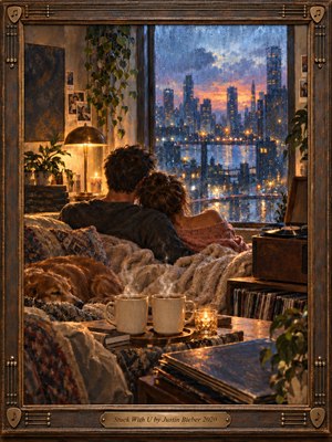 A warmly lit couple rests together beside a rain streaked city window, surrounded by plants, records, candles, steaming mugs, and a sleeping dog. Golden interior light contrasts with the cool blue skyline outside, creating an intimate, sheltered mood. Rich painterly textures and reflective details emphasize comfort, devotion, and quiet companionship.