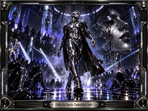 A chrome-clad figure strides through a futuristic nightclub arena filled with shadowy dancers, glowing tubes, mirrored sculptures, and drifting smoke. Cold blue and violet lights cut across polished metal surfaces, creating a provocative, mechanical mood. The hyper-detailed digital composition blends glamour, technology, spectacle, and controlled chaos.