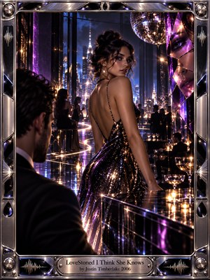 A glamorous woman in a shimmering black gown turns toward an observer inside a luxurious neon-lit rooftop lounge. Purple, blue, gold, and silver reflections create a seductive, electric mood. Mirrored fragments, city lights, glassware, and a disco ball amplify the sleek cinematic atmosphere and sophisticated nocturnal tension.