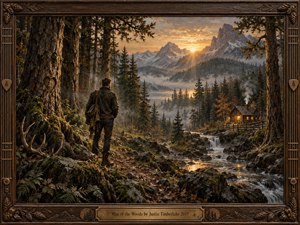 A solitary man stands beside a rushing woodland stream, facing misty mountains and a glowing cabin at sunrise. Warm amber light cuts through deep green pines, mossy rocks, and drifting fog, creating a reflective, earthy mood. Detailed oil painting textures, carved wood framing, antlers, and rustic ornament enhance the wilderness atmosphere.