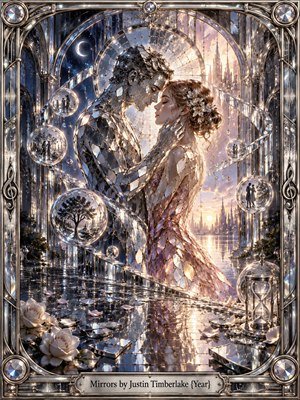 A mirrored couple stands intimately within a luminous cathedral of glass, chrome, and mosaic, surrounded by floating memory spheres, roses, reflective water, and an hourglass. Silver, blue, blush, and gold tones glow beneath moonlight and sunrise, creating a romantic, dreamlike mood of devotion, reflection, time, and emotional unity.