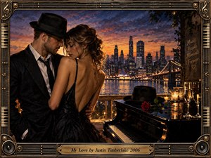 An intimate couple embraces beside a glossy black piano on a rooftop overlooking a luminous city at dusk. Warm amber reflections, deep blue skies, bridge lights, candles, champagne, and a red rose create a romantic, cinematic mood. An ornate musical frame surrounds the richly detailed, painterly composition.